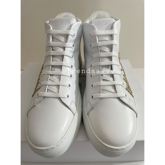 MOSCHINO Leather High Top Sneaker Logo Stud Lace Up White Shoes 8 NWT AUTHENTIC - Picture 14 of 16